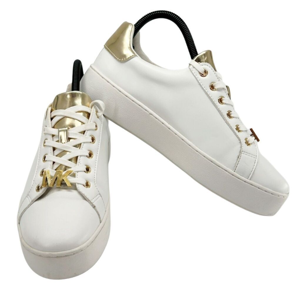 Michael Kors Poppy Metallic Gold Trim White Sneakers Size 8 - Picture 1 of 10
